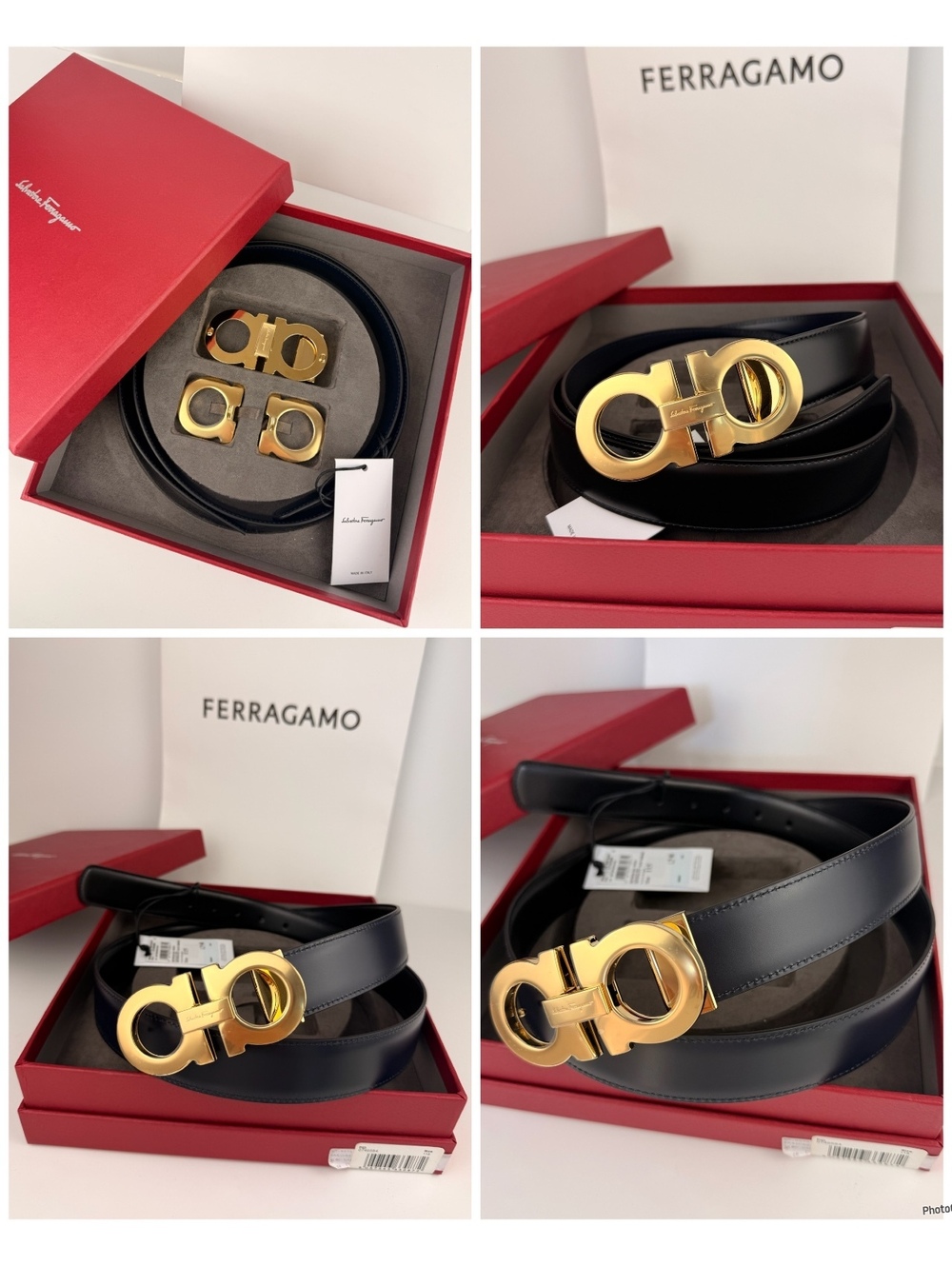 Ferragamo Men’s Reversible Leather Belt Gift Set Black Navy Adjustable Size 115
